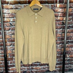 Grant Thomas 100% Two-Ply Cashmere Sweater Polo Collar Long Sleeve Tan Brown XL